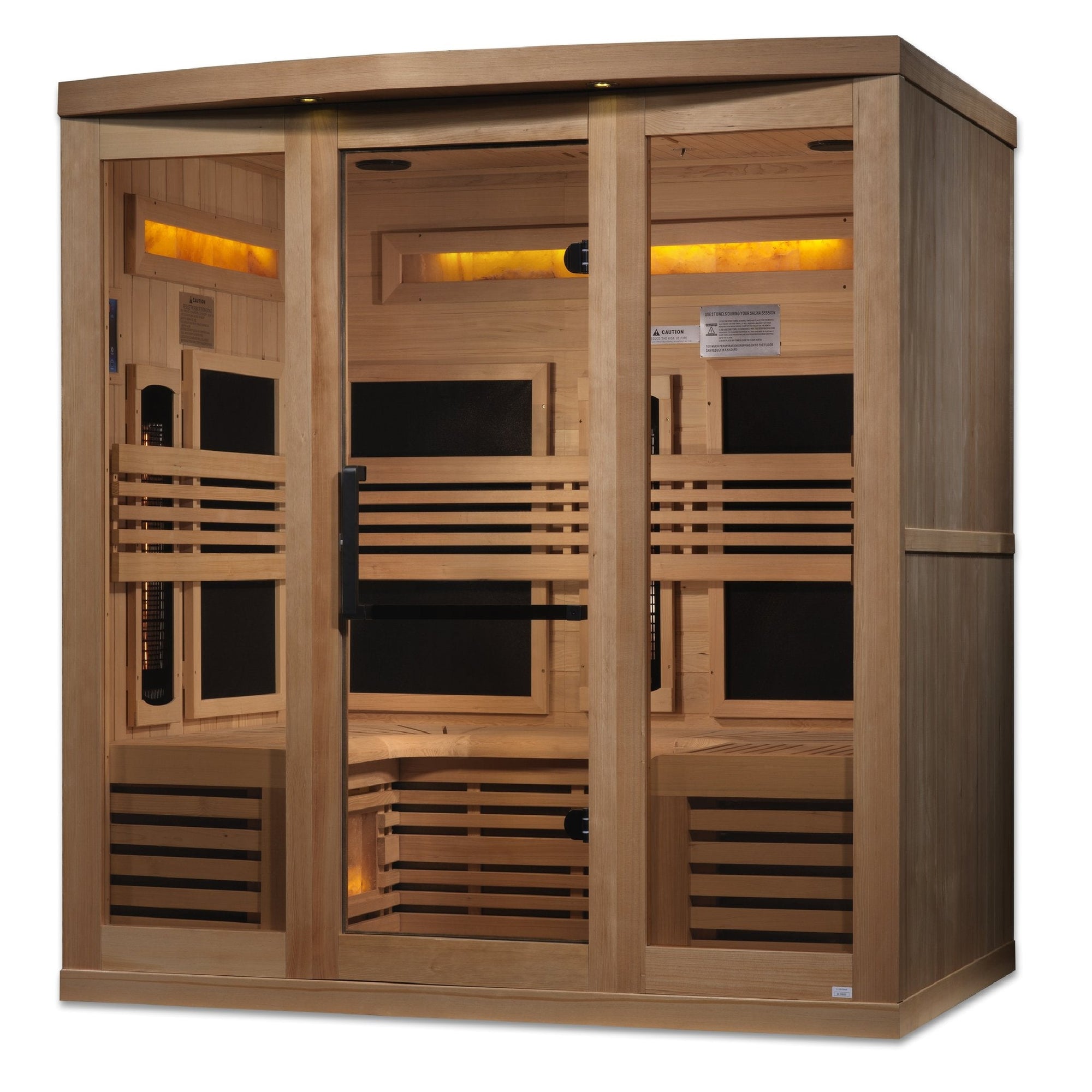 8260 sauna with the door open, wrap around bench seating for six