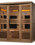 8260 sauna with the door open, wrap around bench seating for six