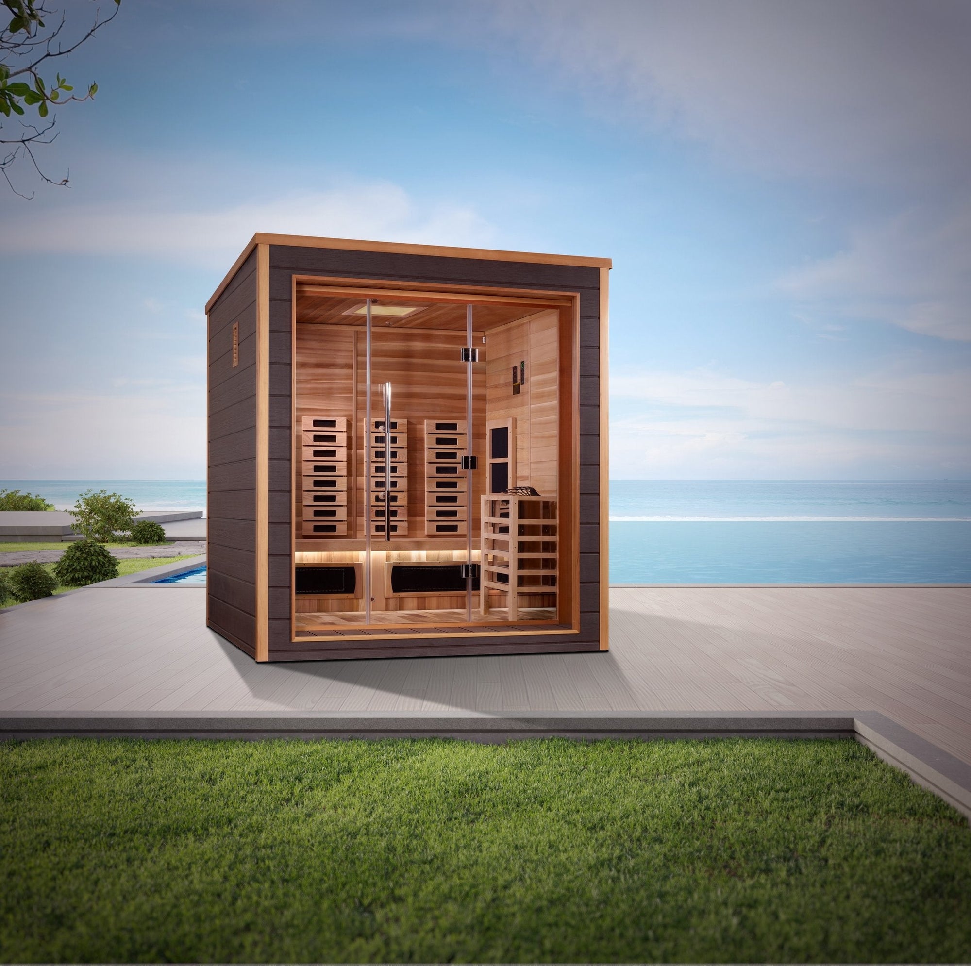 Visby sauna from the front, full height glass and espresso cladding