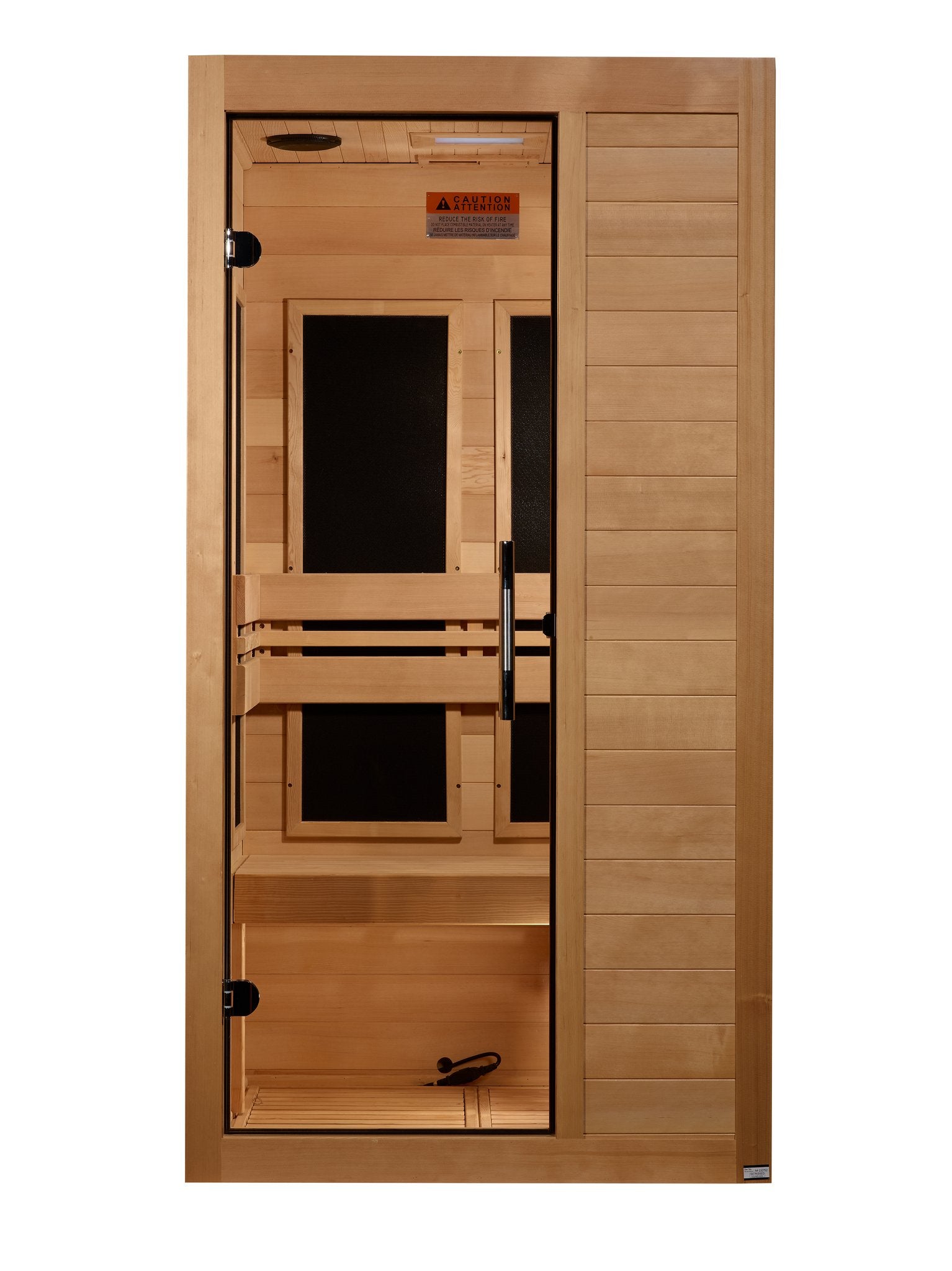 Maxxus S-Line Yoga sauna interior, bench and rear wall heating panels