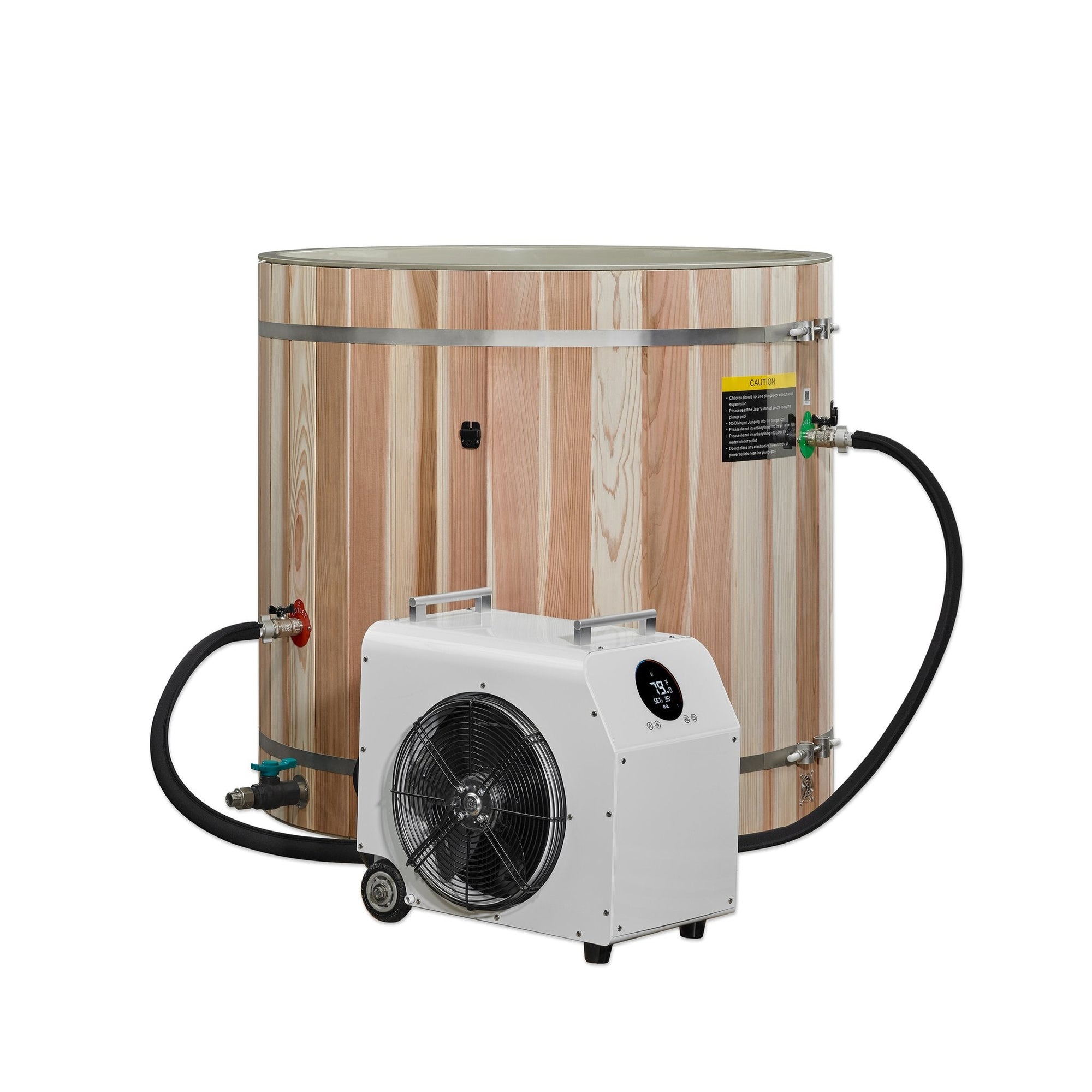 Green lined cedar barrel cold plunge tub with the chiller connected alongside