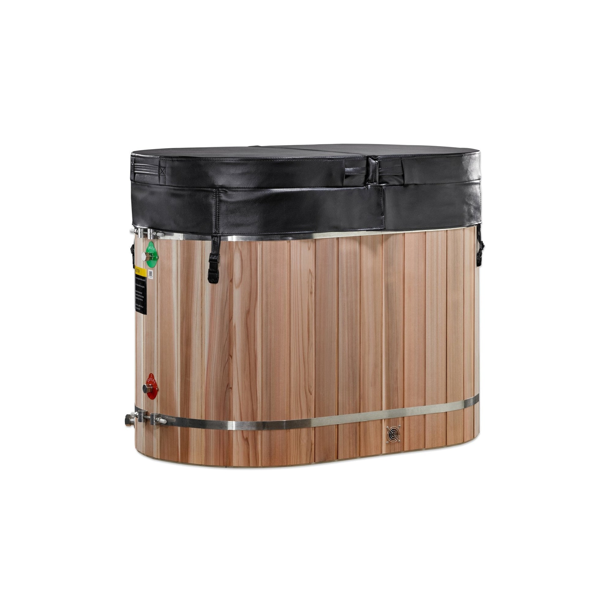 Oval cedar cold plunge tub rear view showing the drain fittings