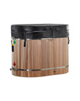 Oval cedar cold plunge tub rear view showing the drain fittings