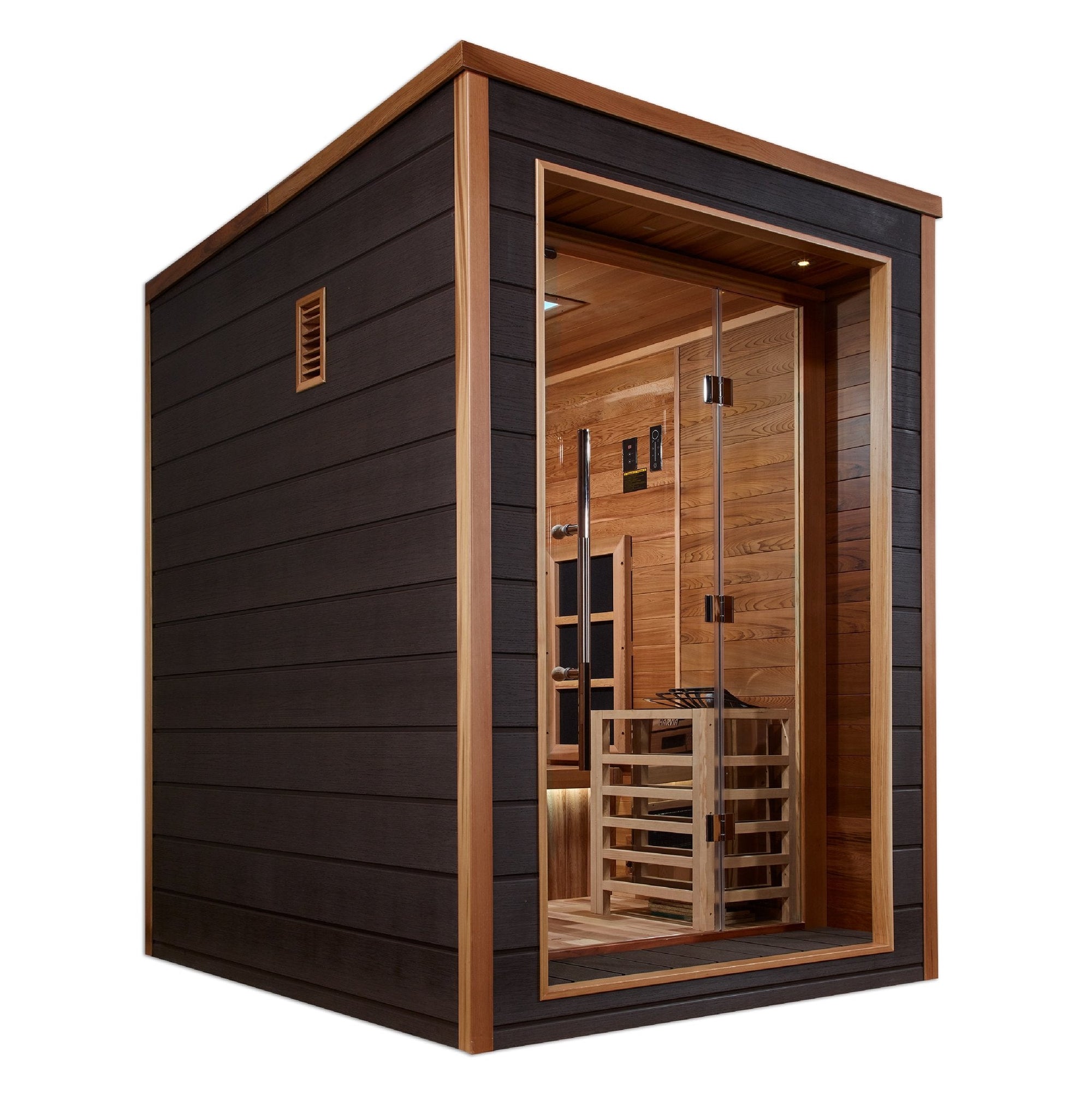 Nora sauna side profile showing the roof pitch