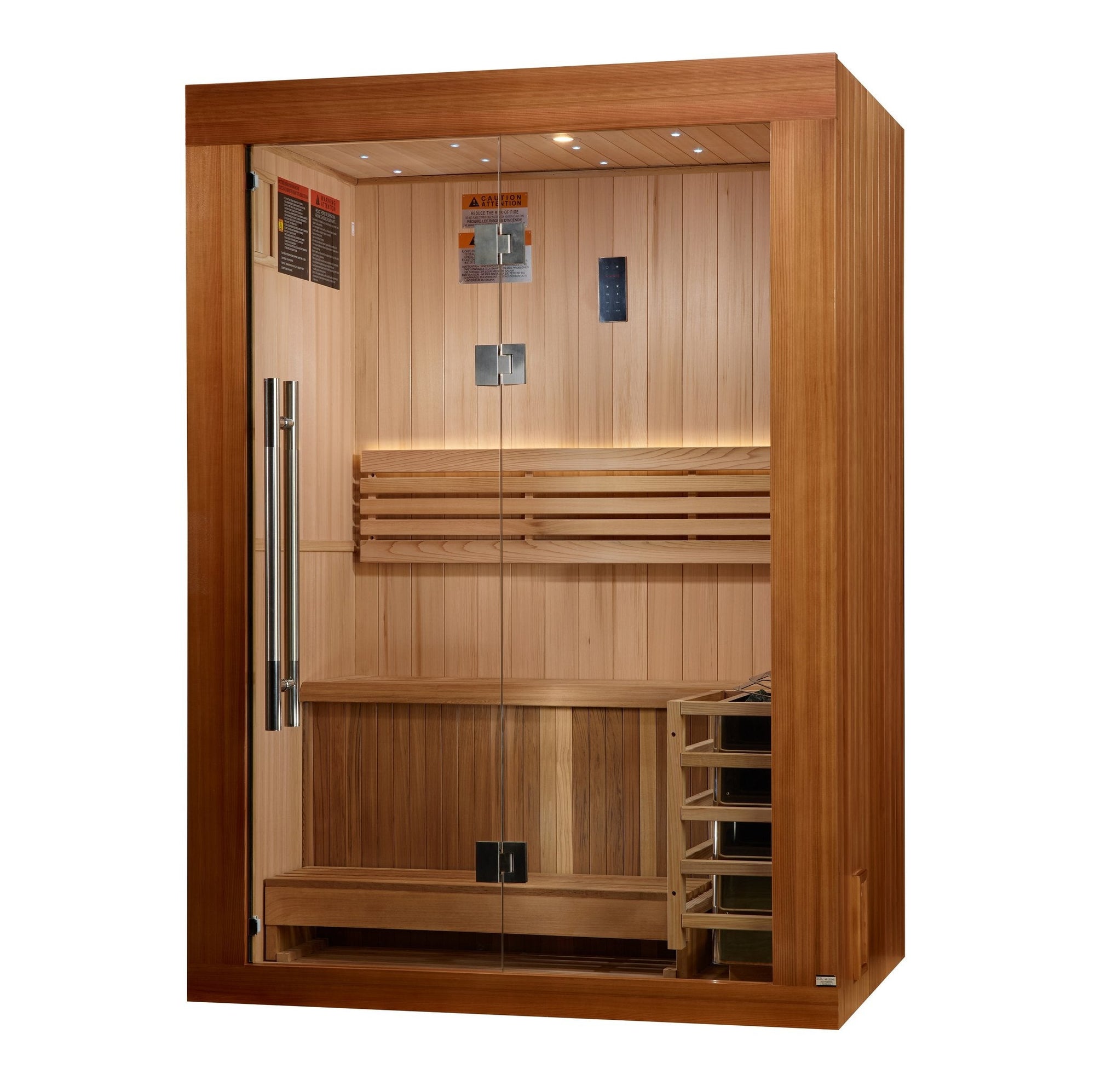 Sundsvall sauna interior with the galaxy star ceiling lighting on