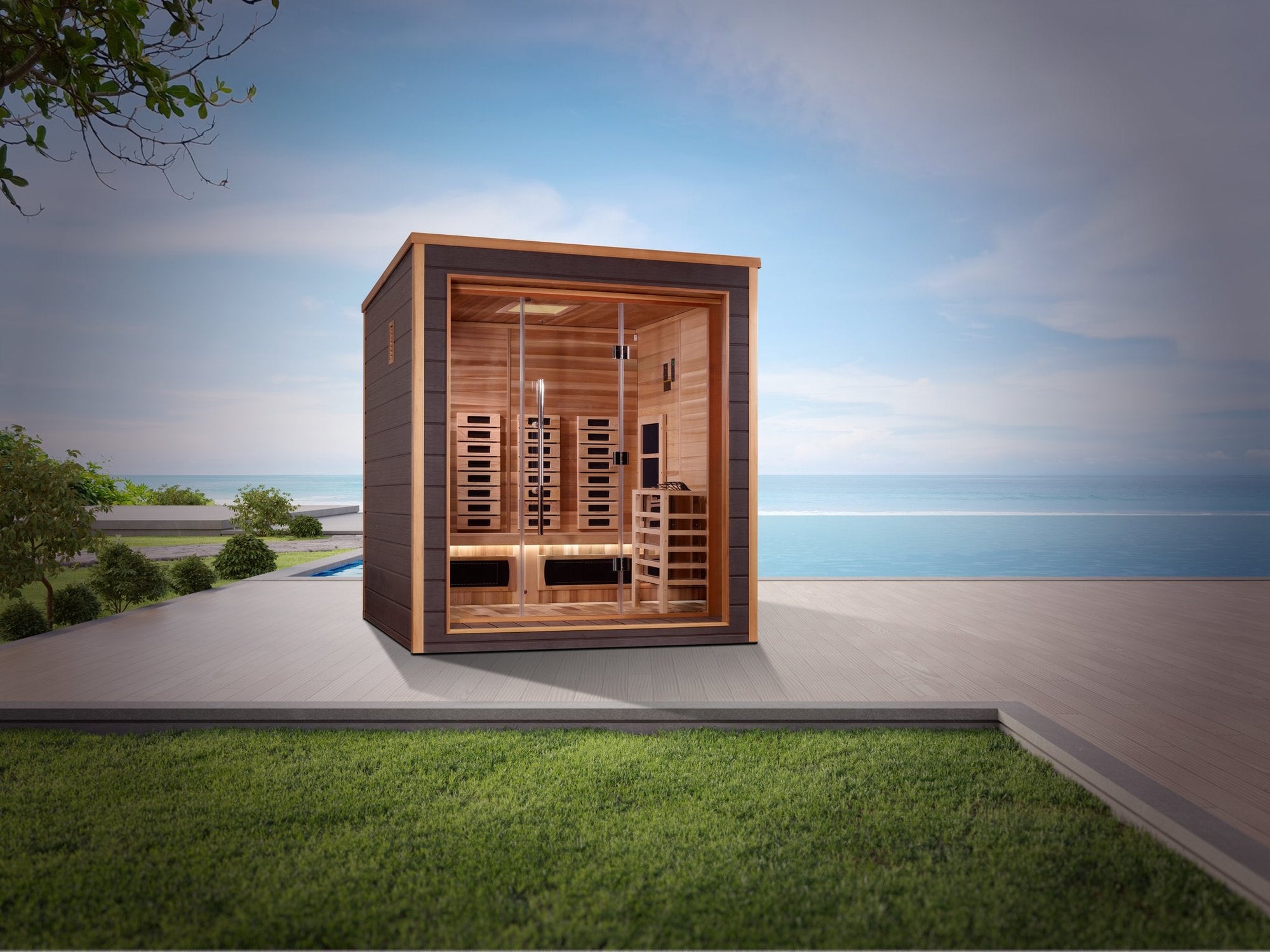 Visby sauna against a plain background, side profile