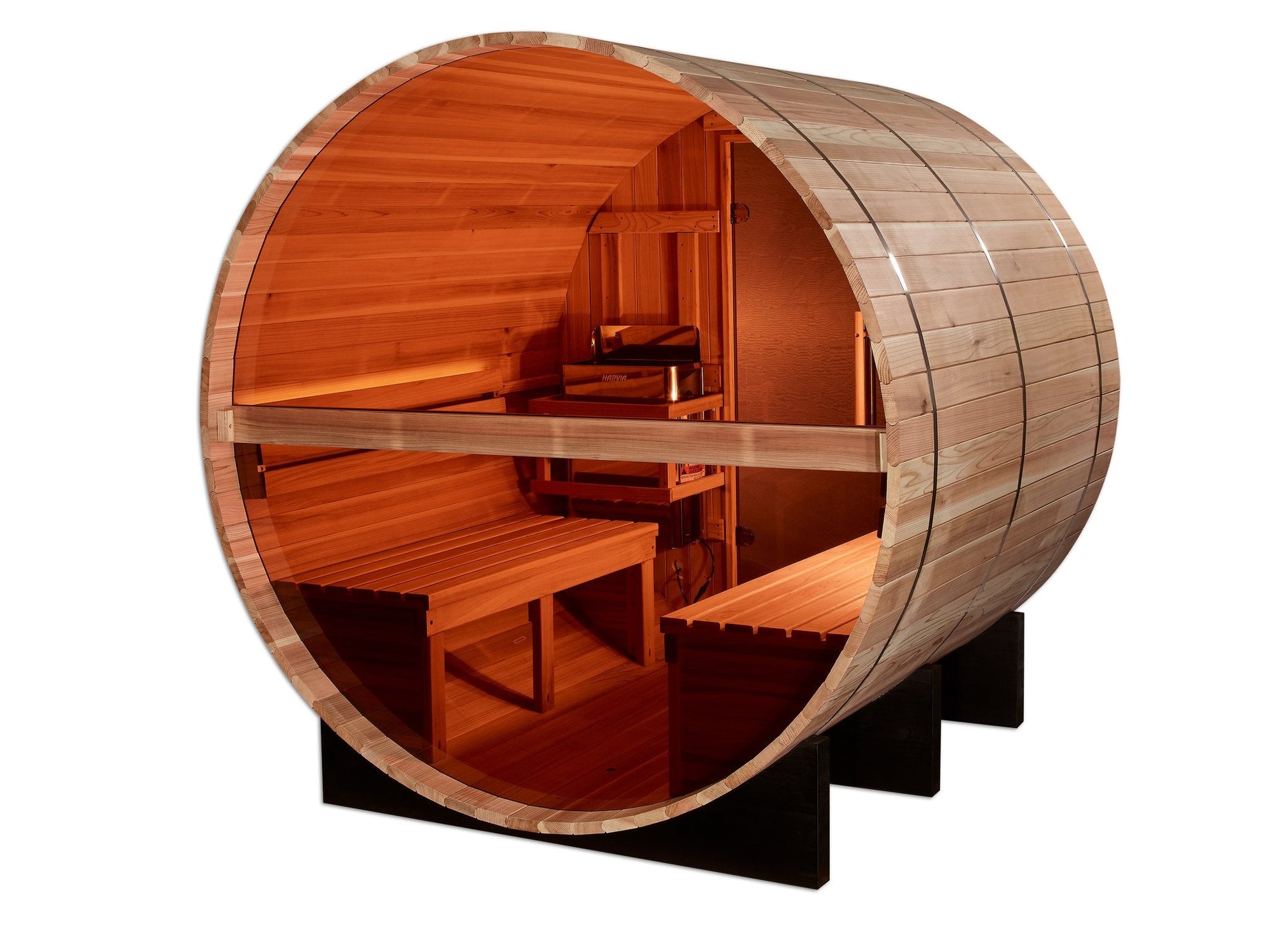 Zurich barrel sauna, three quarter view on its cedar cradle