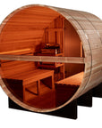 Zurich barrel sauna, three quarter view on its cedar cradle