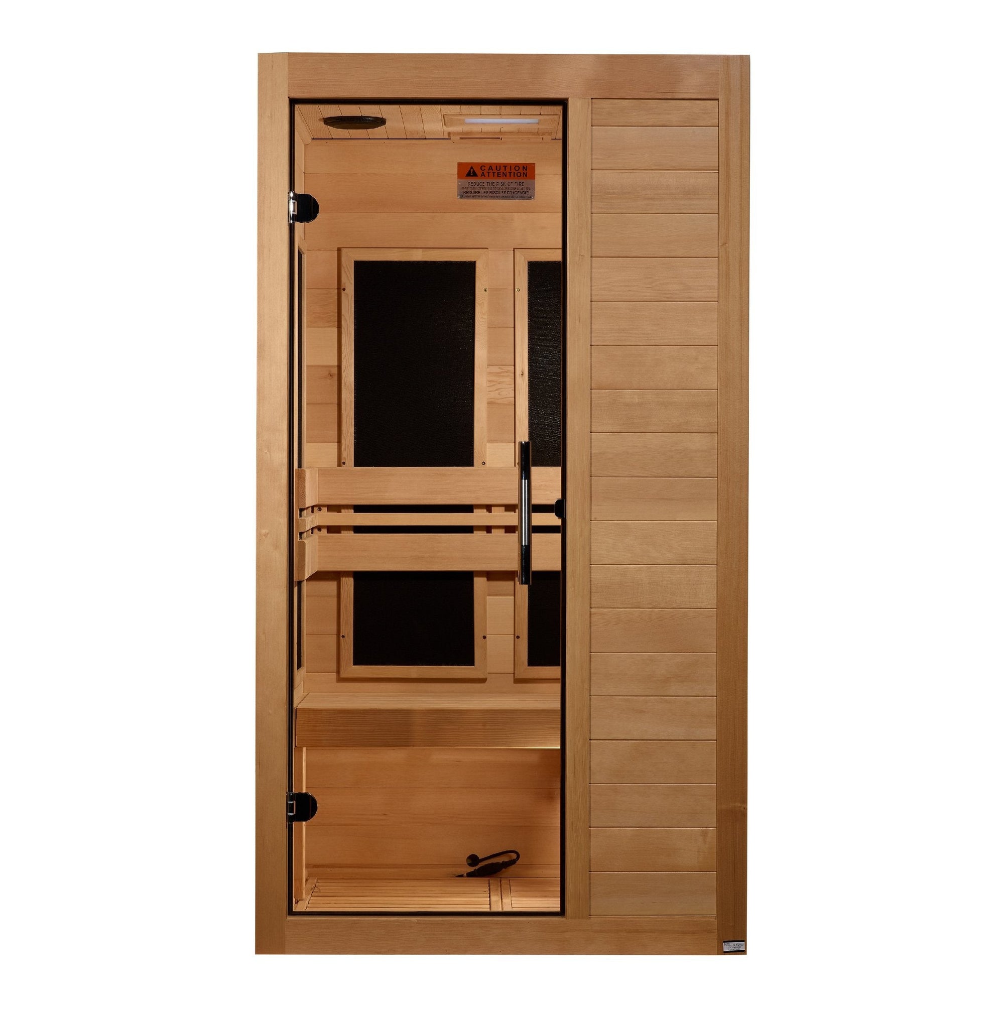 Maxxus S-Line Yoga sauna, three quarter view with the door open