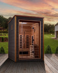 Nora sauna sited beside a house in a garden setting