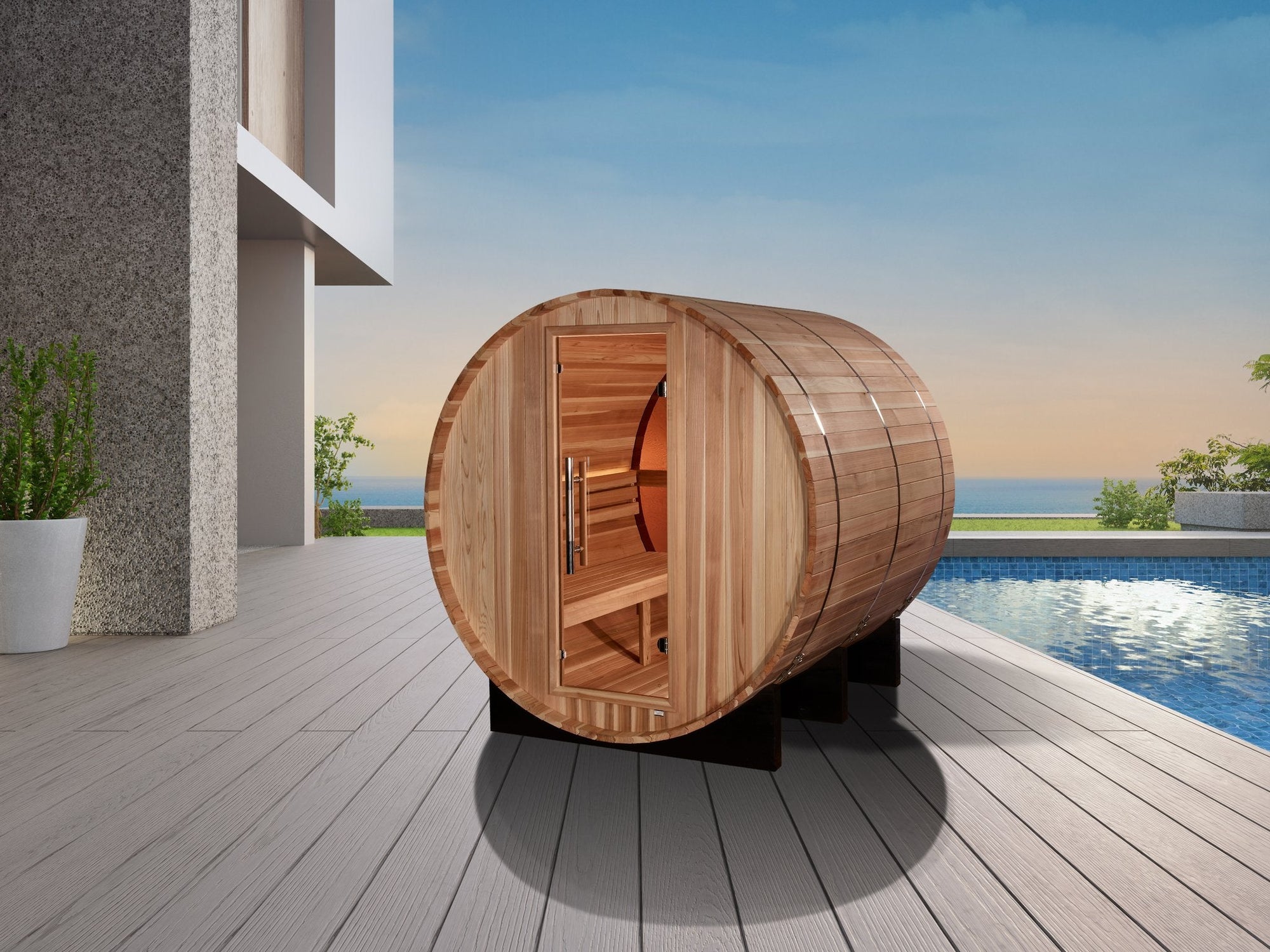 Zurich barrel sauna against a plain background, side profile