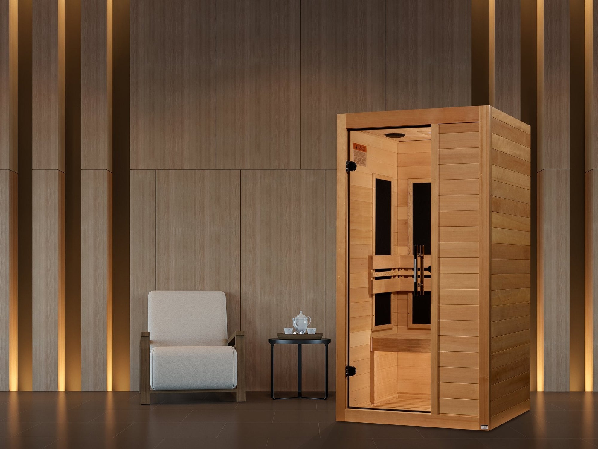 Maxxus S-Line Yoga sauna against a plain background, full height