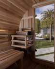 Zurich barrel sauna interior, facing benches and the stove