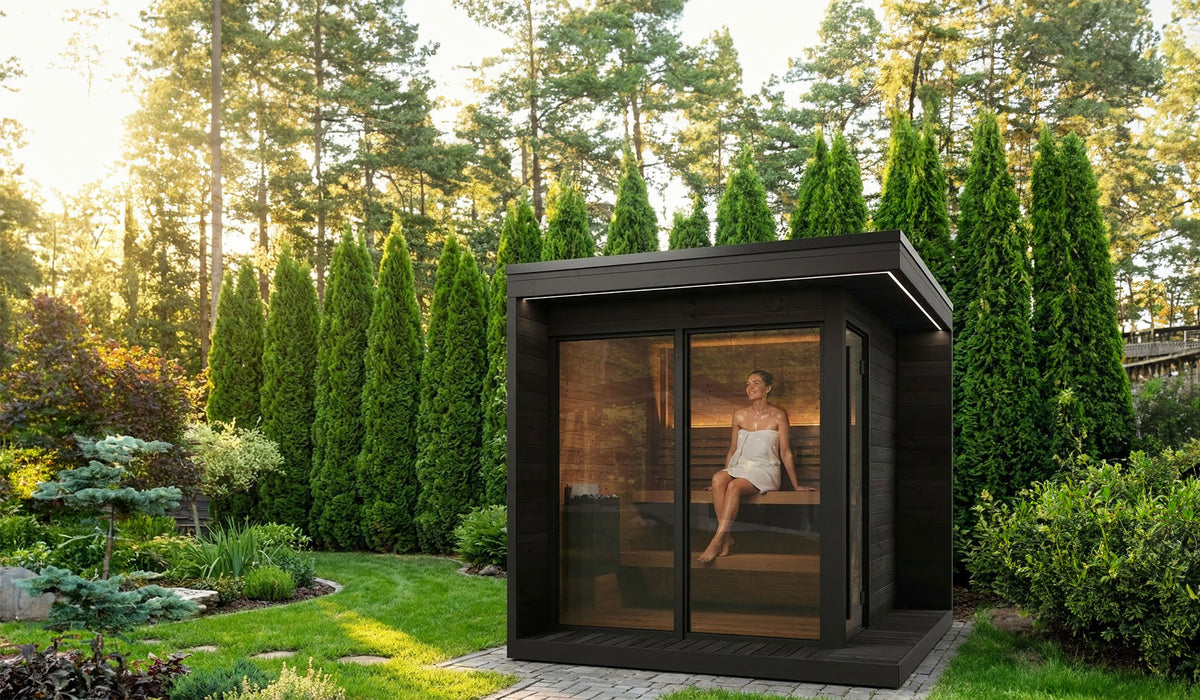 SaunaLife GL6B Outdoor Sauna Garden View with Person Inside Sauna