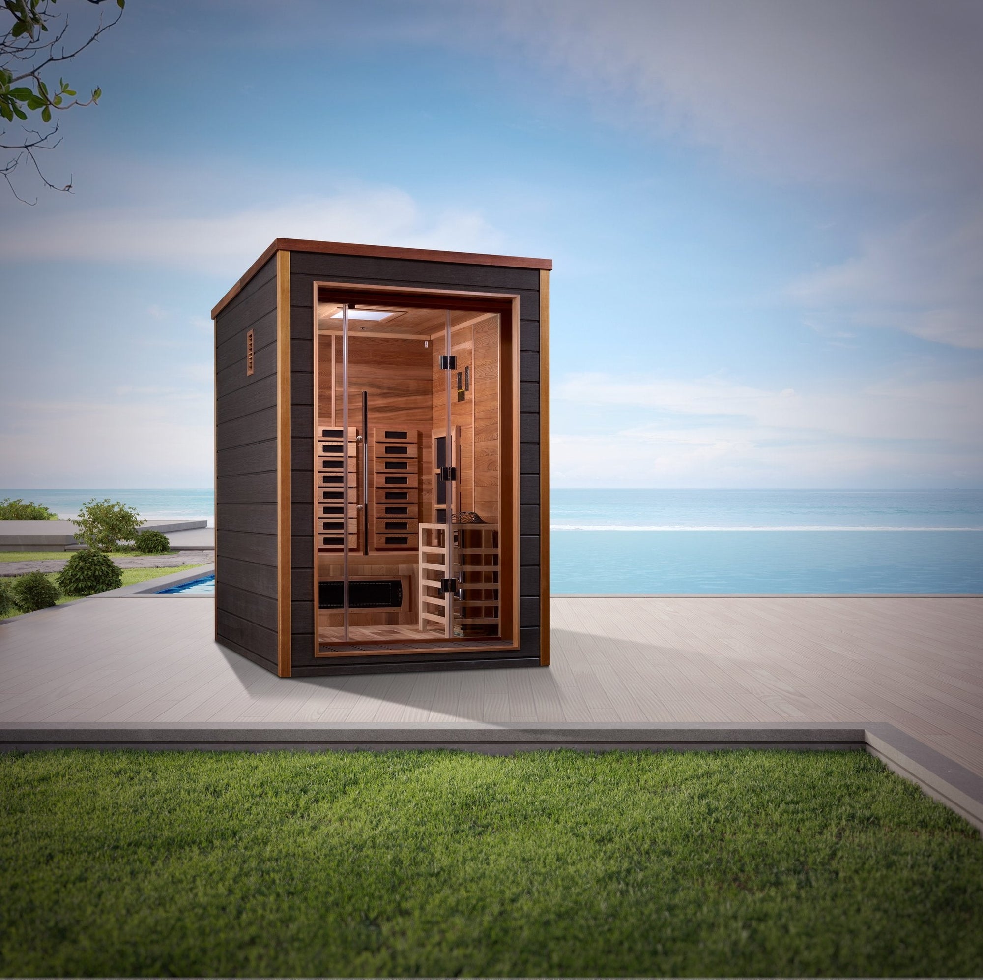 Nora sauna rear elevation, all weather cladding