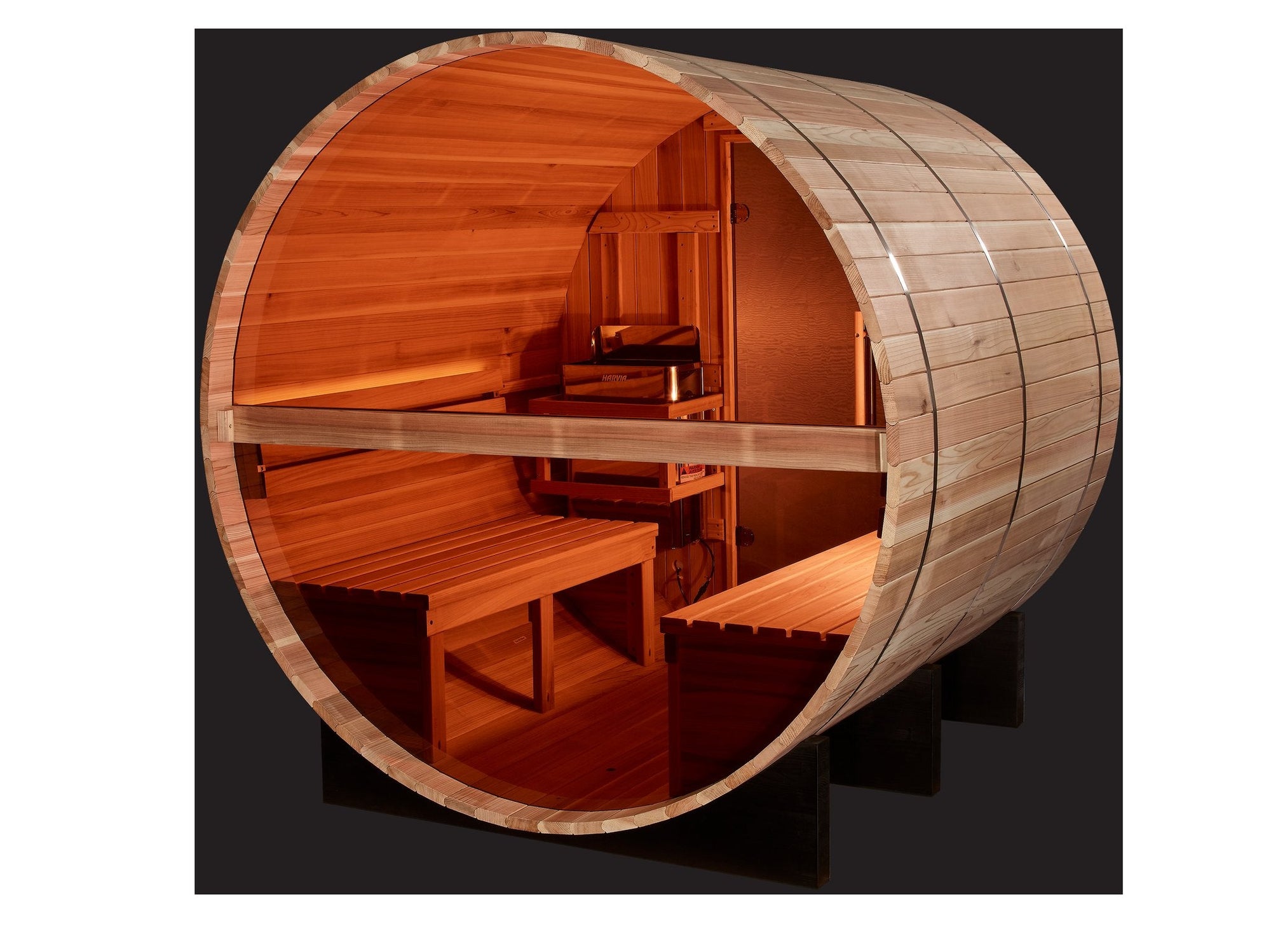 Zurich barrel sauna front elevation, bronze glass door centred