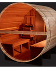 Zurich barrel sauna front elevation, bronze glass door centred
