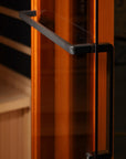 Interior towel bar shown from inside the cabin