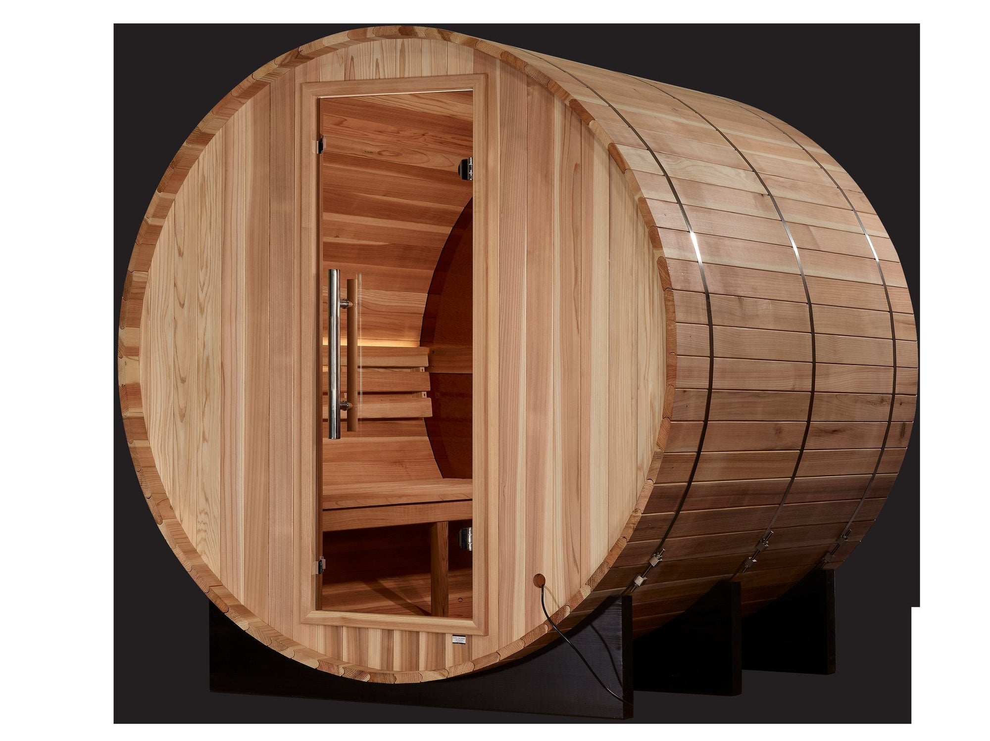 Zurich barrel sauna rear view showing the cedar staves