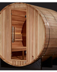 Zurich barrel sauna rear view showing the cedar staves