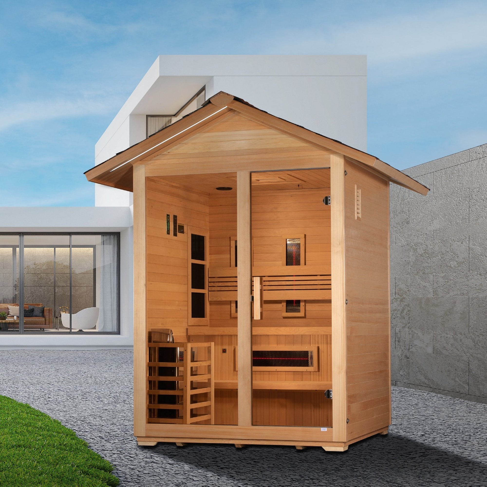 Carinthia sauna against a plain background, side profile