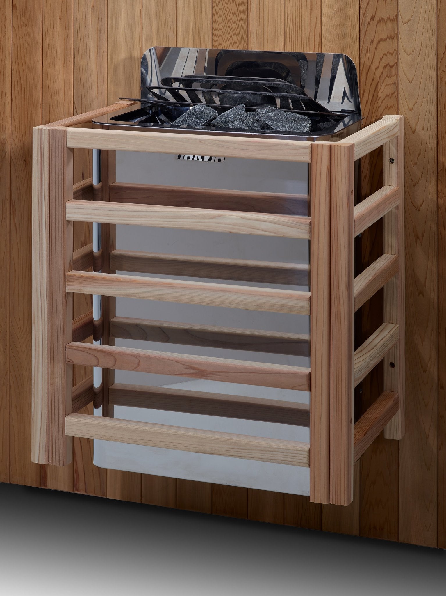 Harvia wall stove mounted in a red cedar interior