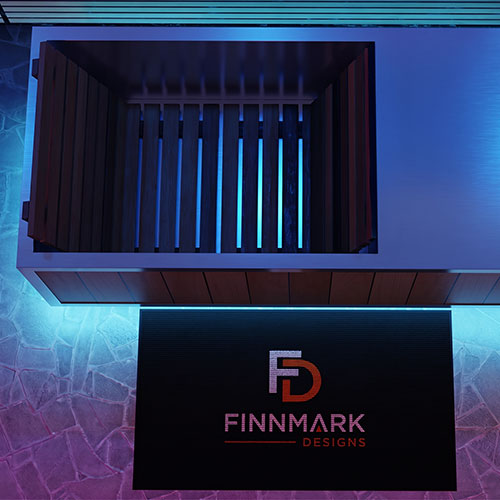 A modern overhead view of a dark wooden slatted cold plunge tub, with blue accent lighting. Below it is a black sign displaying the logo and name 'FINNMARK DESIGNS'.