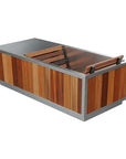 wooden and stainless steel rectangle tub with various colors of wood outline the exterior on a white background