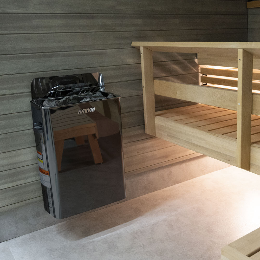 Harvia The Wall Sauna Heater mounted on sauna wall