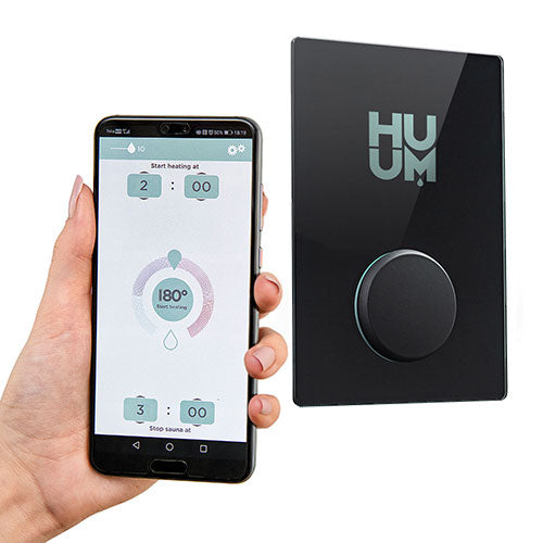 Smartphone displaying app interface next to a black device with 'HUUM' branding.