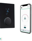 Smart thermostat and smartphone app on a white background