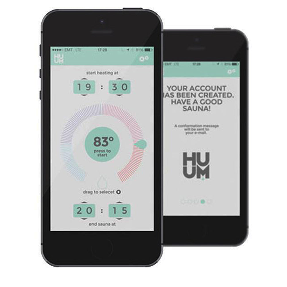 Two smartphones displaying the HUUM app interface on a white background