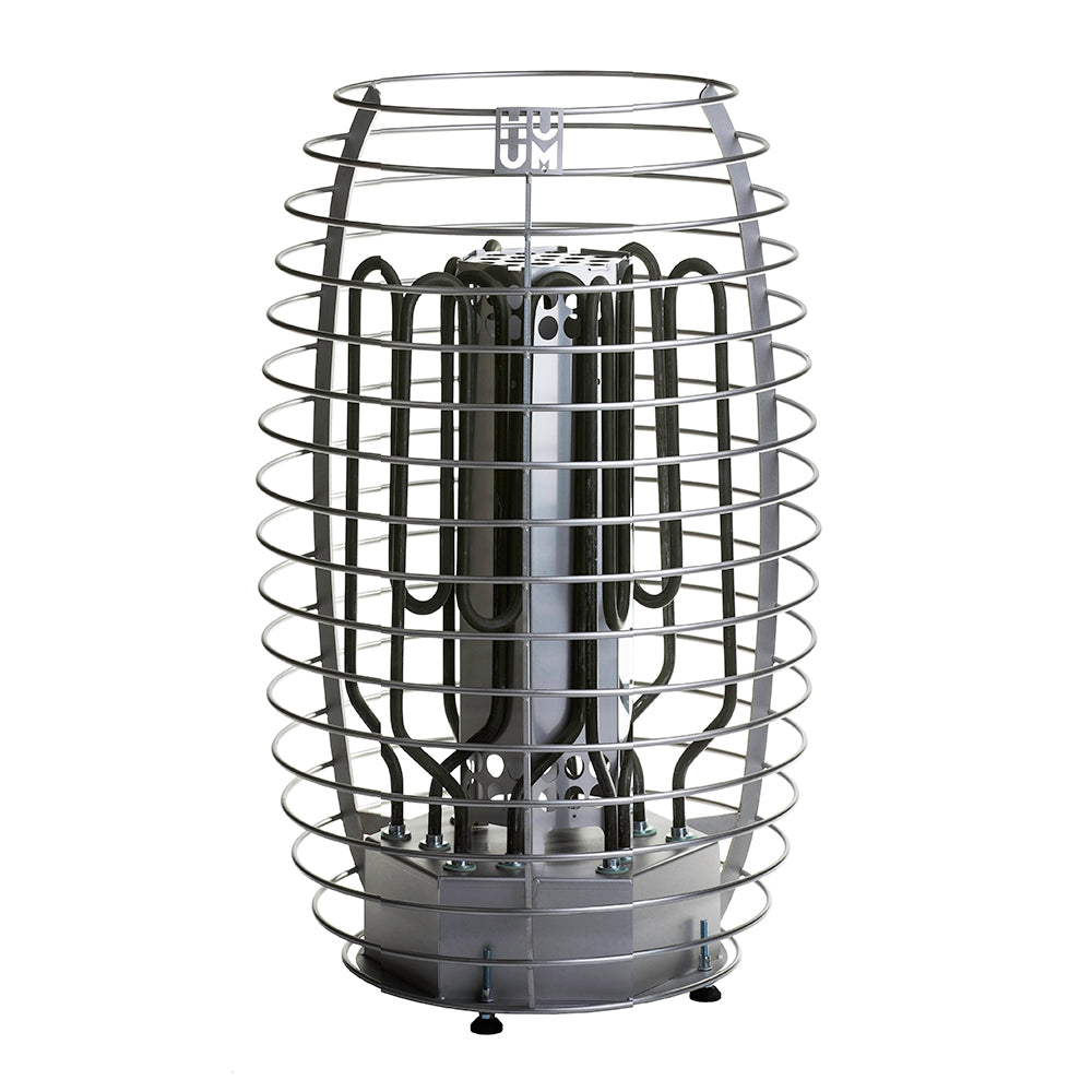 A silver metal patio heater enclosed in a protective wire cage, shown against a plain white background.