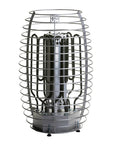 A silver metal patio heater enclosed in a protective wire cage, shown against a plain white background.