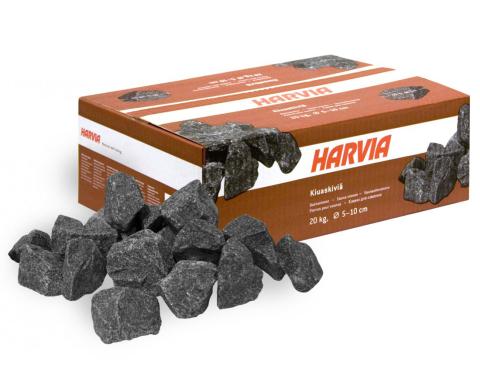 Box of Harvia sauna stones with some pieces in front on a white background