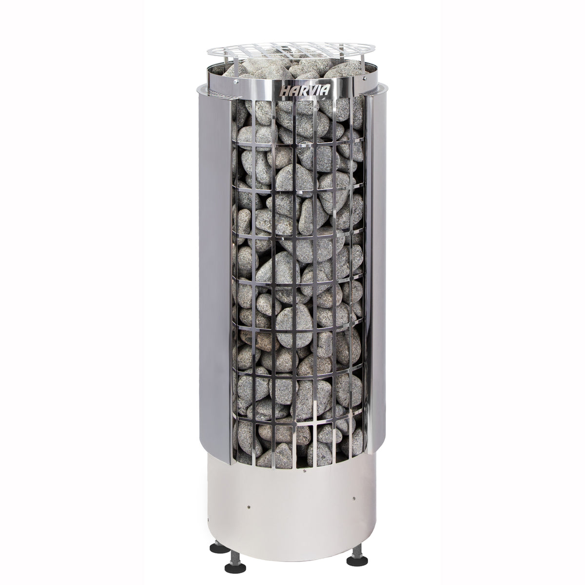 Harvia Cilindro Sauna Heater full view with stones under stainless steel grate