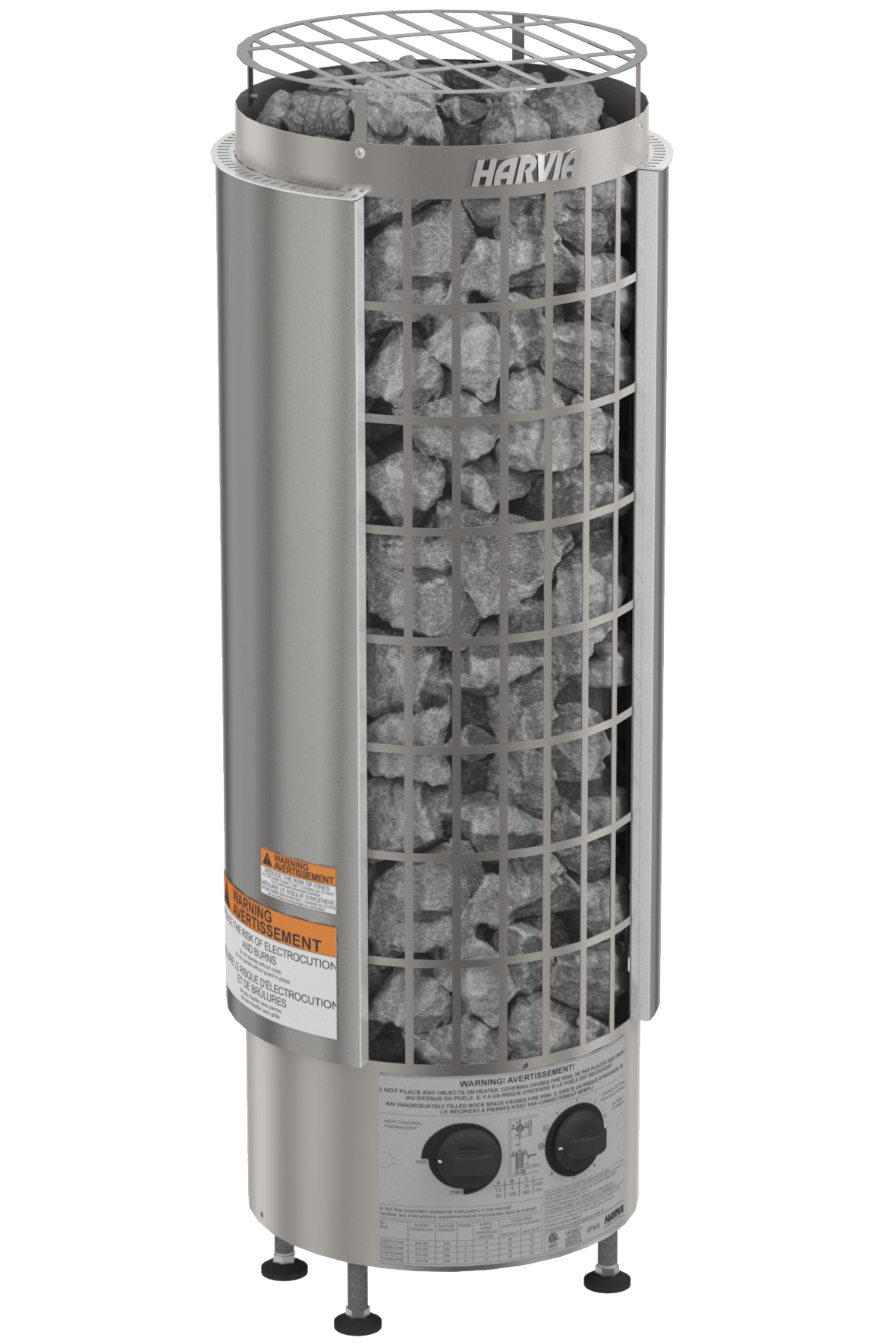 Harvia Cilindro Sauna Heater full view with stones under stainless steel grate angled view