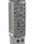 Harvia Cilindro Sauna Heater full view with stones under stainless steel grate angled view