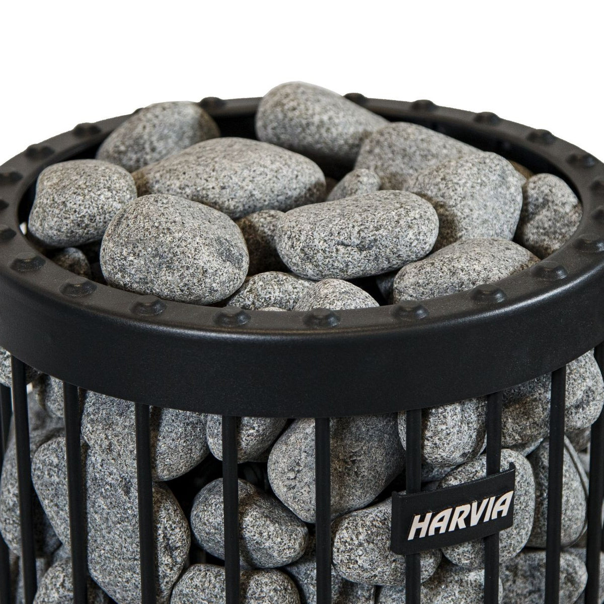 black metal circular basket with grey stones and Harvia branding on a white background