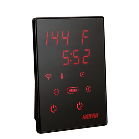 Harvia Xenio Control Panel with temperature, time, and icons for wi-fi, menu, timer, on and off