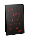 Harvia Xenio Control Panel with temperature, time, and icons for wi-fi, menu, timer, on and off