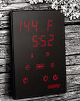 Harvia Xenio Control Panel mounted on wood wall with temperature, time, and icons for wi-fi, menu, timer, on and off