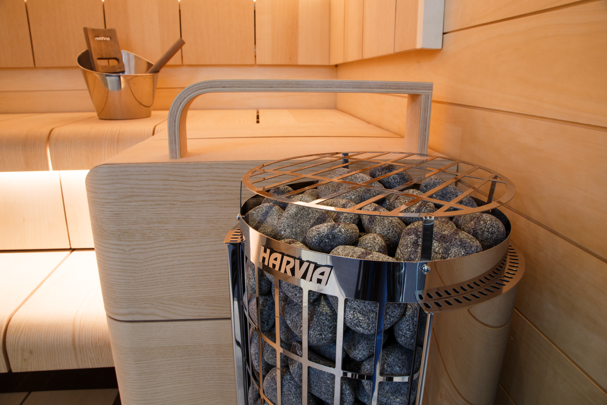 Harvia Cilindro Sauna Heater close up view with stones