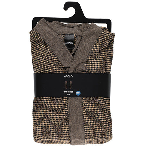 A folded sauna bathrobe with a brown and beige striped pattern, packaged with a black paper band and hanging on a black plastic hanger against a white background.
