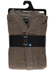 A folded sauna bathrobe with a brown and beige striped pattern, packaged with a black paper band and hanging on a black plastic hanger against a white background.
