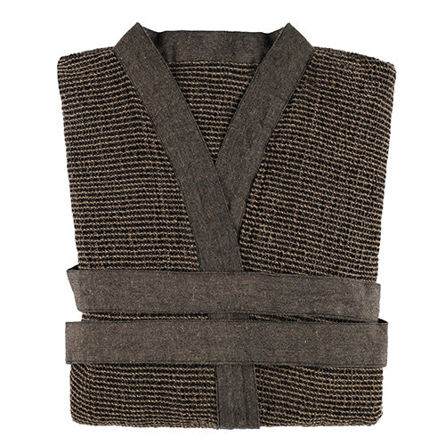 A folded brown textured sauna robe with a matching belt, featuring a V-neck design and horizontal striped weave pattern, shown against a plain white background.