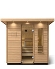Kohler C2 sauna exterior with light wood front view with accent lighting on eaves and clear glass door