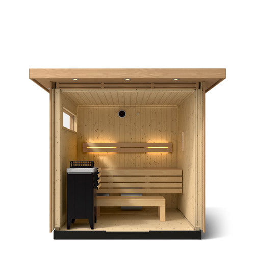 Kohler C2 sauna interior view with light wood with accent lighting on eaves shown with indirect lighting on the back wall, heater and benches