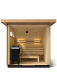 Kohler C2 sauna interior view with light wood with accent lighting on eaves shown with indirect lighting on the back wall, heater and benches