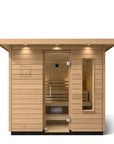 Kohler C2 sauna exterior with light wood front view with accent lighting on eaves and clear glass door